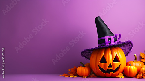 3D style Halloween pumpkin ghost on purple background
