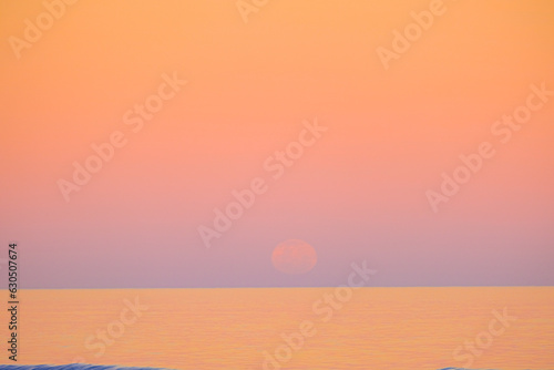 Sturgeon Supermoon over the sea with a pink palette background, full pink moon