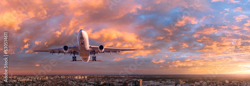 Airplane is flying in colorful sky over the city at sunset. Landscape with passenger airplane, skyline, blue sky with orange clouds. Aircraft is landing. Front view. Travel. Aerial view. Transport