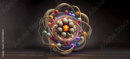 An enlarged model of an atom with a proton nucleus on a neutral abstract background. Banner. Wallpaper. AI generated