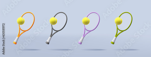 3d Vector Tennis Racket with Ball set in different colours illustration, render style