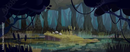 Jungle forest swamp with rain vector background. Pond or lake in deep spooky woodland halloween cartoon landscape illustration. Fantastic wetland with nenuphar scenery and marsh plants in water.