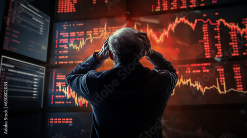 Bear Market Panicking Senior Old Man Watching Crashing Stocks Plunging Slumping Bearish Financial Crisis Recession Collapse Panic Selling Anxious Mad Loss Pension Savings Investment