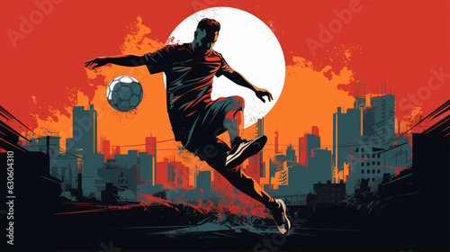 街の中でサッカーボールを蹴る若者のグラフィック Young man kicking football in urban city graphic design. Created by generative Ai