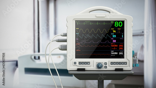 Patient monitor standing near the bed in a hospital room. 3D illustration