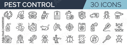 Set of 30 outline icons related to pest control, bugs, insects. Linear icon collection. Editable stroke. Vector illustration