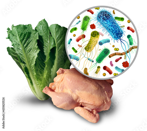 Foodborne illness pathogen and bacteria and germs on raw poultry or leafy green vegetables and the health risk of ingesting contaminated food with e coli or salmonella