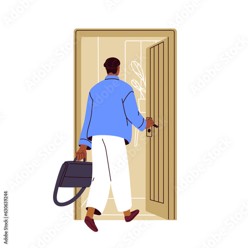 Man returning home, opening unlocking door entrance. Person coming back to house from work. Guy entering, going, stepping into apartment. Flat graphic vector illustration isolated on white background