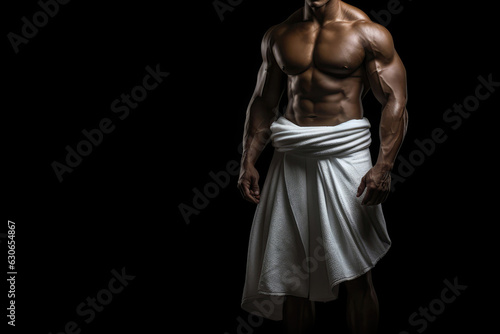 Large Muscular Man Wearing White Towel Over His Hips On Black Background. Generative AI