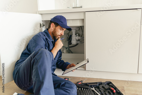 Professional plumber examine a siphon pipe on the kitchen sink after installation and making notes