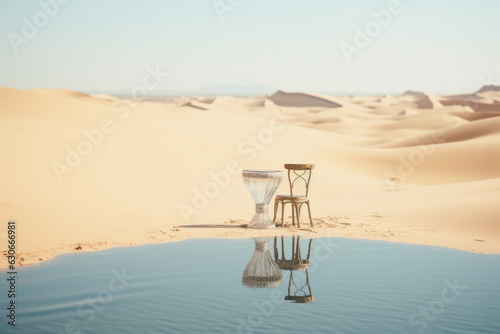 Conceptual Landscape. Chair and table by the lake in the desert.