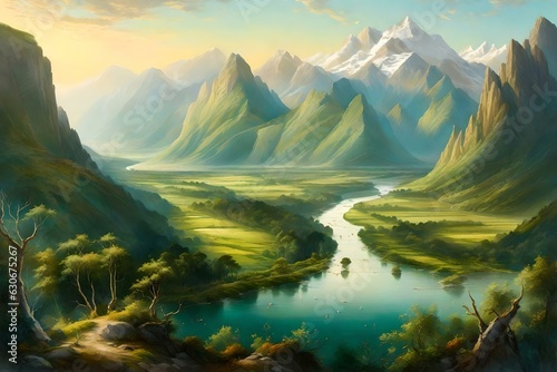 landscape with lake and mountains, A breathtaking aerial view captures the grandeur of landscape mountains, a lush valley, and a winding river