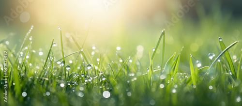 Macro Beauty: Water Drop Sparkle on Grass Blade in Sunlight, Morning Dew Artistry