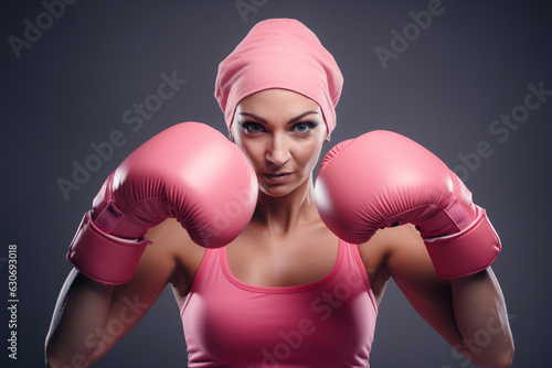 breast cancer awareness month: woman in pink sports clothes punching with pink boxer gloves