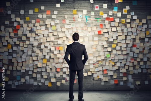 a man in business clothes standing with his back turned in front of a huge wall with sticky notes, cutouts and threads connecting the information. Detective investigative work in finance or business.