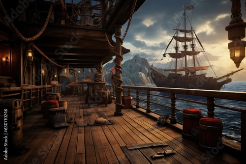 Pirate ship deck, history and fantasy concept. Generative AI