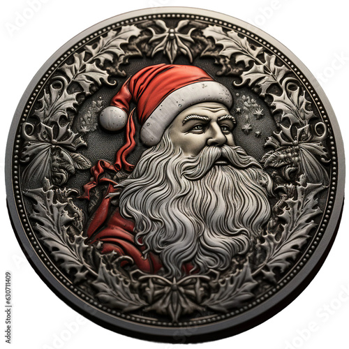 Christmas Santa claus in old coin illustration style, red santa claus face, floral wreath of holy leaf, engraved metal art