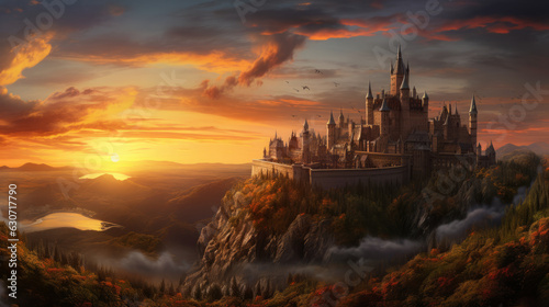 A castle on top of a mountain with a sunset in the background