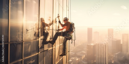 An industrial climber hangs at heights, skillfully and safely performing complex tasks on buildings and structures. Generative AI
