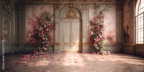 Luxury Palace Interior decorated with pink roses. Palace Interior background