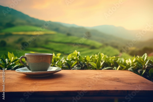 Tea cup with on the wooden table and the tea plantation on blurred background. Generative AI