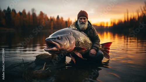 Old fisherman posing with his fake catch, Generative AI illustration