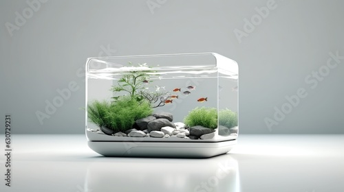 aquarium with fish and algae in it, in the style of minimalist sets, light white and silver, tenwave, rounded, cubo-futurism, tranquil gardenscapes, anti-clutter, minimalist designs