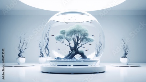 aquarium with fish and algae in it, in the style of minimalist sets, light white and silver, tenwave, rounded, cubo-futurism, tranquil gardenscapes, anti-clutter, minimalist designs