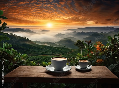 Hot coffee cup with organic coffee beans on the wooden table and the plantations background with copy space. Created with Generative AI technology.