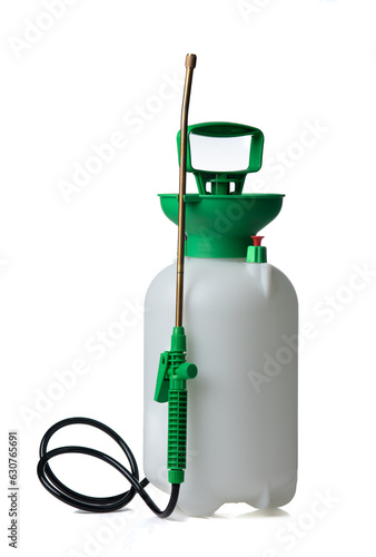 Lawn and garden pressure sprayer for dispensing fertilizer, pesticide or herbicide isolated on white background