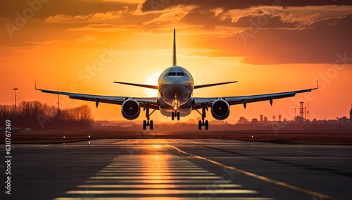 an airplane landing at sunset Generative AI