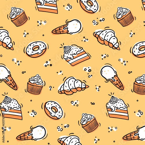 bakery pattern seamless repeat ice cream cone pastry cake donat cupcake wallpaper background carpet cover wrap template concept colorful doodle cartoon yellow brown beige print kids baby wrap package 