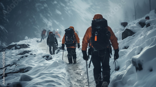 Rescue team navigates through a treacherous snowstorm, searching for missing people buried in an avalanche. Emergency response concept.