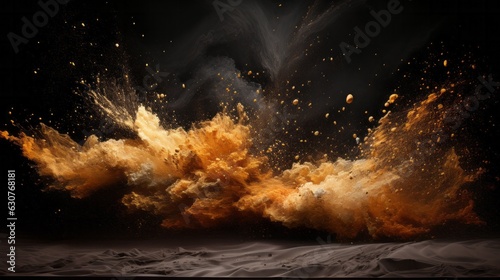 Sand explosion with vibrant splashes of gold sand on black background. AI generative.