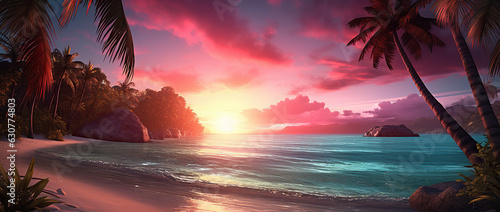 sunset by palm trees on tropical beach, in the style of cryengine, multicolored landscapes, photo-realistic landscapes, cabincore, light maroon and cyan, martin rak, shaped canvas