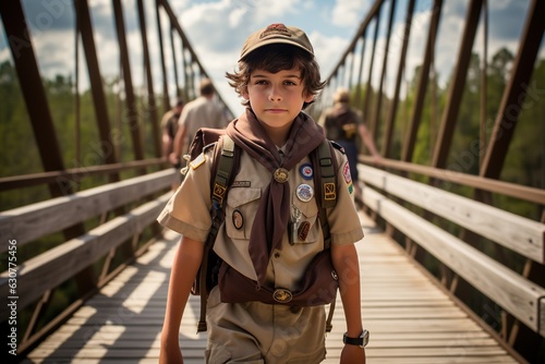 Boy Scout standing on a bridge. Generative AI.