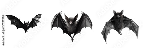Set of flying black bats isolated on transparent background. Halloween concept. Generative AI.