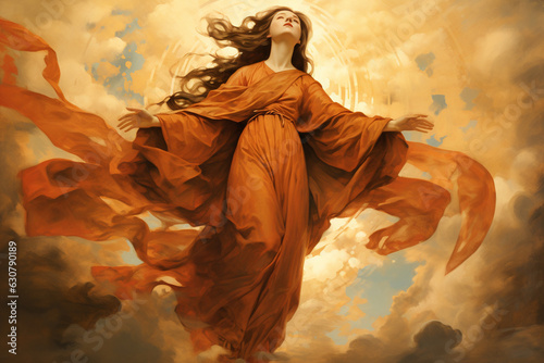 A solemn depiction of Mary's assumption into heaven, ascending to be with her son and God Generative AI