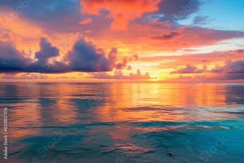 A beautiful sunset over the ocean with clouds