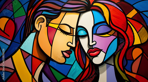 casal juntos no amor, pintura arte cubismo colorida 