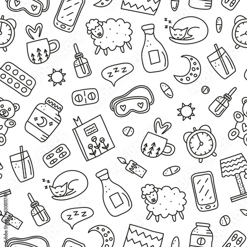 Seamless pattern with doodle outline insomnia icons.
