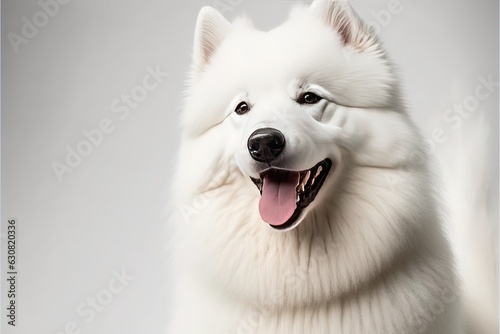 Happy samoyed dog photography with white background. Generative AI.