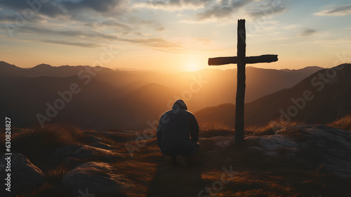 Silhouette of a man kneeling praying at the Cross of Jesus on a hill at sunrise