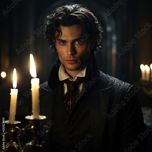 Portrait vampire monster men with horns looking at mirror and holding candlestick in darkness