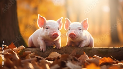 Two adorable piglets perched on a log in a picturesque forest setting