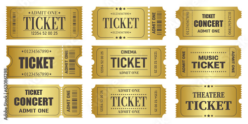 Vector set of admit one tickets template. Golden ticket for cinema,movie,circus,theatere,film,festival,casino,club,music etc. Event admission, entrance pass set .Vector illustration