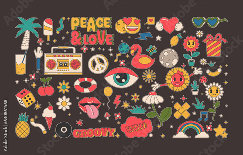 Collection of Cartoon groovy stickers 70s with hippie style