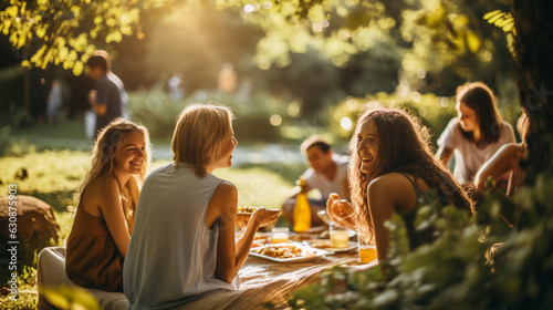 A group of friends enjoying a picnic in a picturesque park, promoting social connectedness 