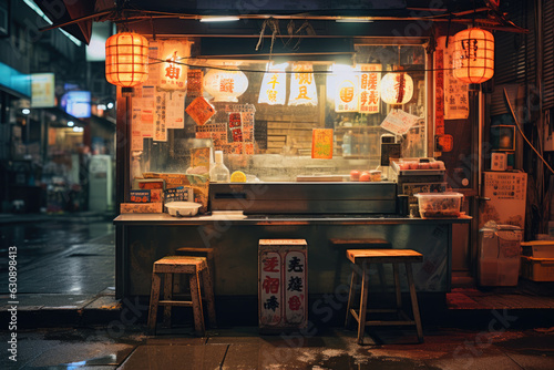 A small food stall on a street at night. The stall is lit up with orange lanterns. The stall has a counter with a glass display case and a few stools for customers to sit on