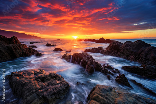 A rocky beach at sunset. The sky is a deep orange and red with the sun setting on the horizon. The ocean is a deep blue with white waves crashing against the rocks